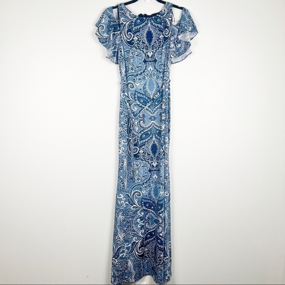 ELIZA J cold shoulder paisley waist‎ tie maxi dress blue 4 - Picture 1 of 8